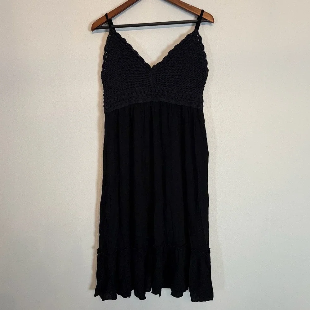 Blush Dress Women 2X Black Crochet Bodice Smocked Boho Midi Sundress Lined - Picture 1 of 10